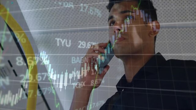 Man standing transit talking after market alert, moving charts growing over phone checking stocks