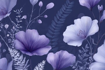 Floral Pattern with Violet and White Flowers and Dark Blue Background