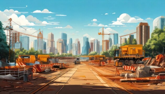 Cartoon cityscape under construction with cranes and heavy machinery.