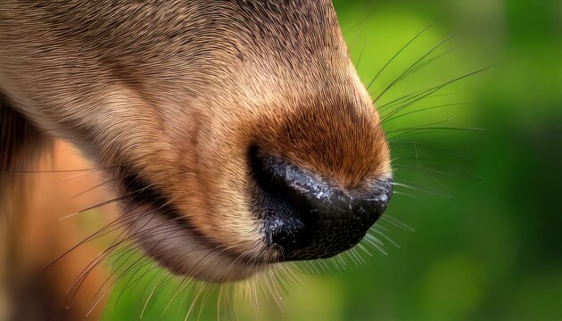Close-up of a deers nose with green background, showcasing its wet, black nose and whiskers.
