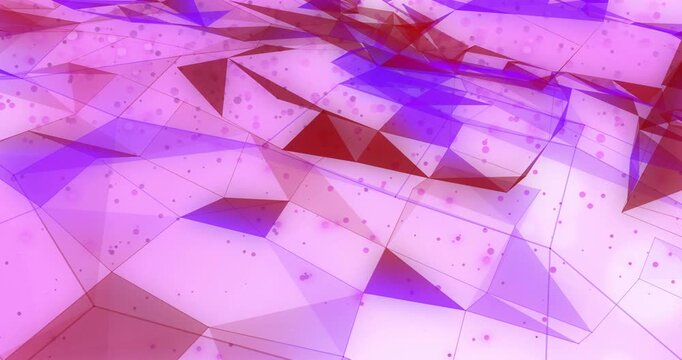 Camera gliding ahead, lowpoly terrain shifting hue, sheer layers adding depth for motion graphics