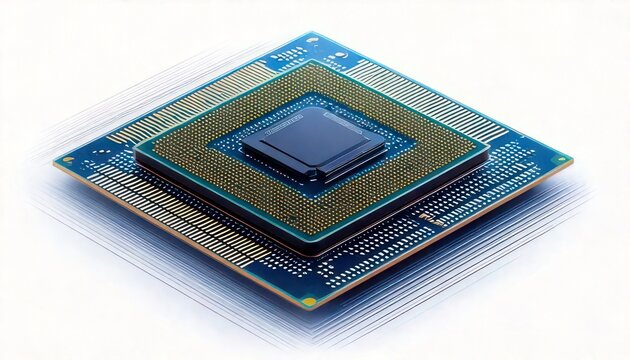 Close-up of a modern computer processor chip on white background.