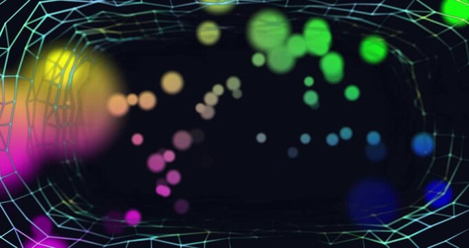Colorful bokeh orbs shifting inward, perspective shift creating depth in cyan wireframe tech tunnel