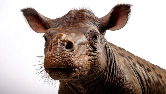 Close-up of a Sumatran rhinoceros with wrinkled skin and large ears.