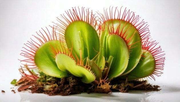 Close-up of a Venus flytrap plant with red bristles and green leaves.
