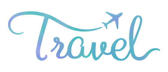 PNG travel word, blue calligraphy text in transparent background