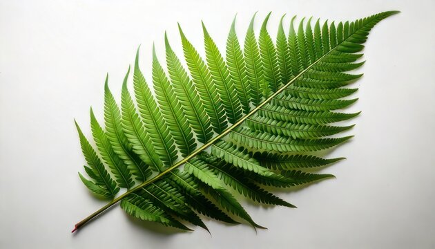 Close-up of a vibrant green fern leaf against a white backdrop.