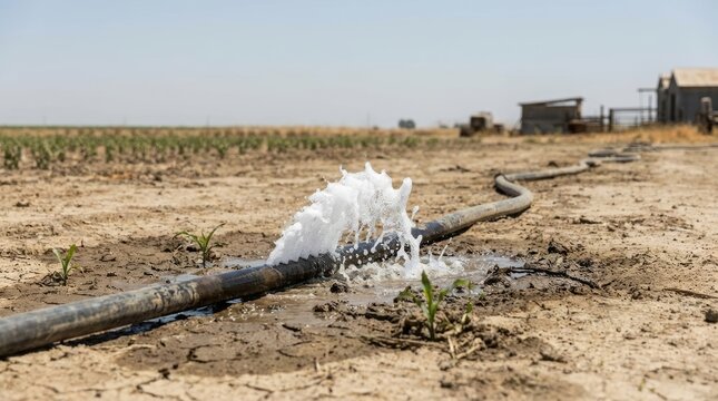 Wasted Water Leaking from Broken Pipe in Dry Agricultural Field