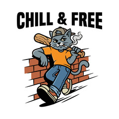 Smoking Cat Mascot with Bat Illustration