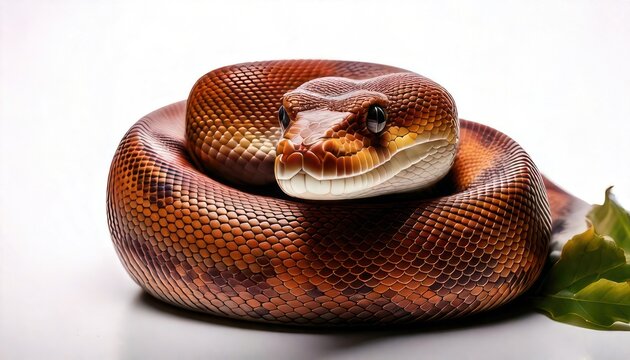Coiled Blood Python with Green Leaves on White Background.