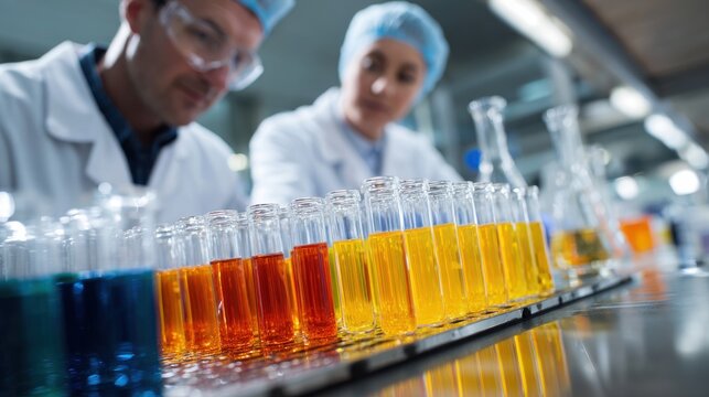 industry laboratory technicians testing beverage on blurred background 