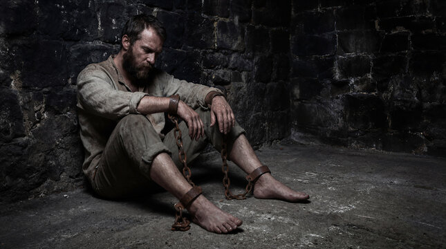 A man sits alone on the cold floor of a dark room. He wears chains on his wrists and ankles. His expression shows sadness and deep thought about his situation in the prison cell