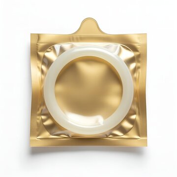A single female condom, sealed in its gold foil packaging, is presented directly from an overhead perspective on a pristine white background, ready for use.