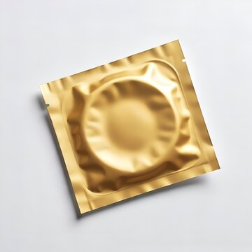 Unopened golden condom wrapper is isolated on a clean white background, indicating safe practices and health awareness.