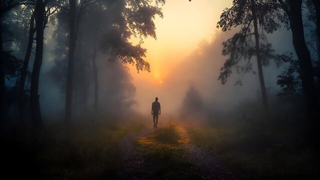 Man walks alone on a path through a foggy forest at sunrise, with light illuminating the mist and trees.