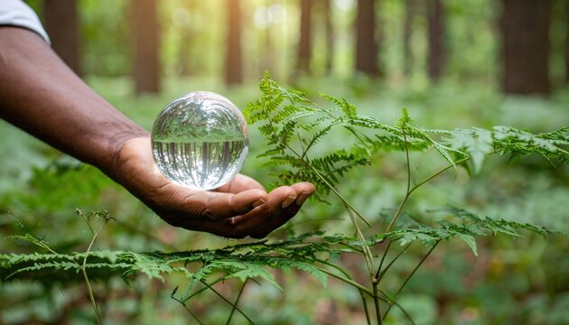 Crystal ball held in hand in a lush green forest.