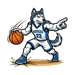 Husky Mascot Dribbling Basketball in Uniform
