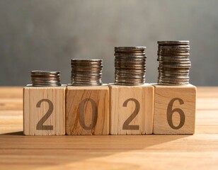 Coins stacked atop wooden blocks displaying "2026," suggesting growth