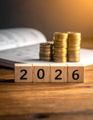 Wooden blocks spelling "2026" with stacked coins and book on wood