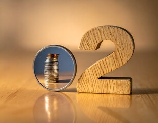 Coins reflected in a magnifying glass by a wooden numeral two