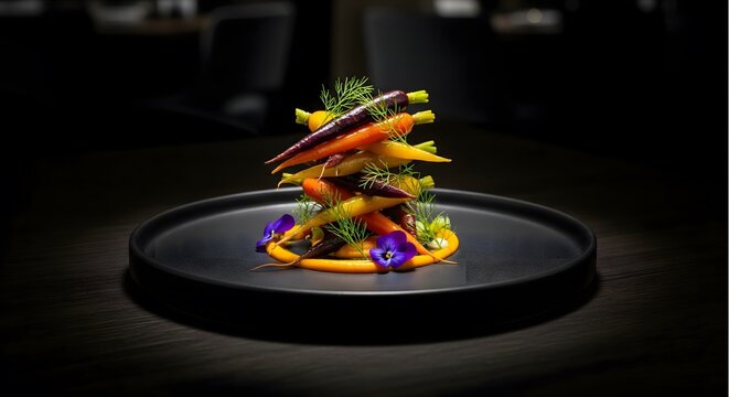 Gourmet roasted colorful baby carrots stack with puree and edible flowers. Healthy vegan fine dining appetizer on black plate in dark moody background.