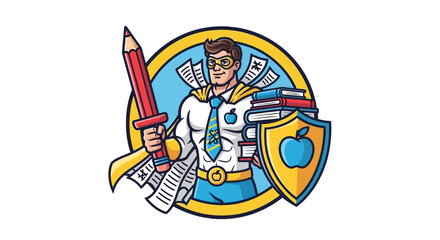 Fototapeta premium Education Hero Action Figure, Scholarly Environment, Graphic Illustration, Creative Design Concept