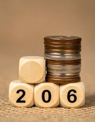 Dice display ?206? holding coins, signifying accumulation, on woven texture