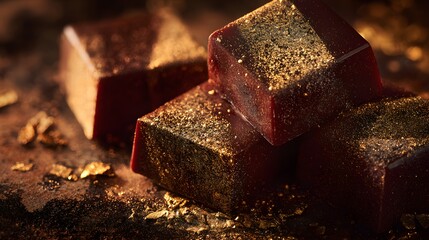 A close-up view of luxurious chocolate cubes sprinkled with edible gold dust on a rich brown surface