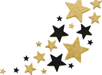 Elegant gold glitter and black textured stars scattered on white background, luxury festive holiday celebration border, glamorous celestial decorative elements.