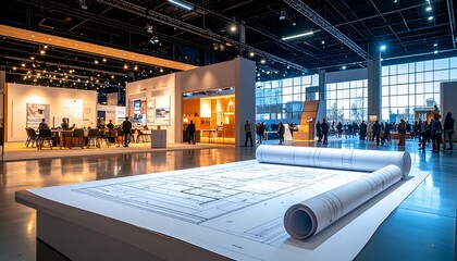 Large convention hall with blueprints, attendees, and illuminated displays