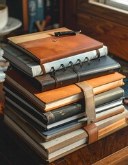 A stack of leather-bound journals and notebooks on a wooden desk