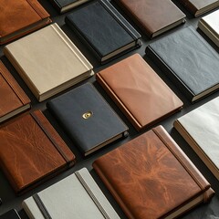 Multiple hardbound journals arranged, showing various textures and hues