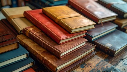 Close-up of stacked leather journals in varied rich tones