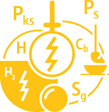 Yellow energy cycle diagram with lightning and chemical symbols on white background