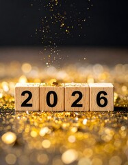 Wooden blocks spelling "2026" with golden glitter on dark background