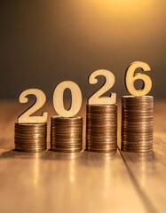 Wooden numbers 2026 atop coin stacks, suggesting financial growth