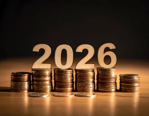 Stacks of coins supporting wooden numbers, representing the year 2026