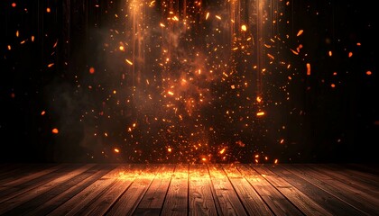 Lit sparkles falling onto a wooden floor, dark stage, abstract scene