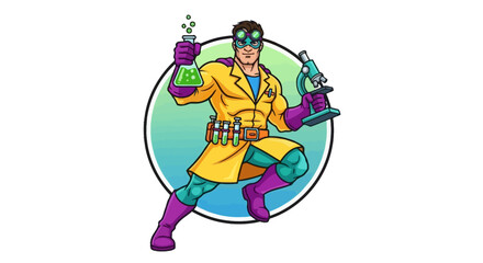 Exciting Science Experiment, Superhero Scientist, Laboratory, Illustration, Colorful Background, Dynamic Pose, Creative Concept