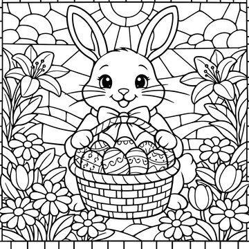 Stained glass black and white Easter rabbit, Easer egg basket and spring garden flowers coloring book page 