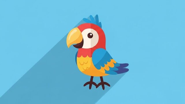Cute Cartoon Parrot with Long Shadow on Blue Background.