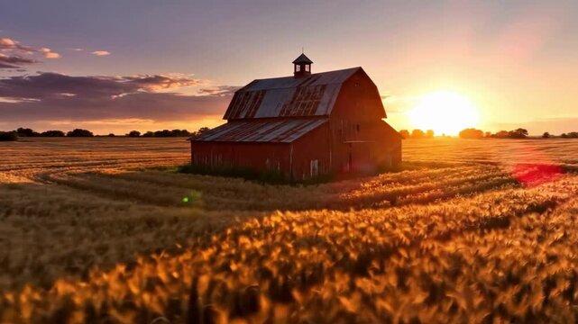 Red wooden barn sitting in golden wheat field during sunset with cinematic sun flare over farmland
