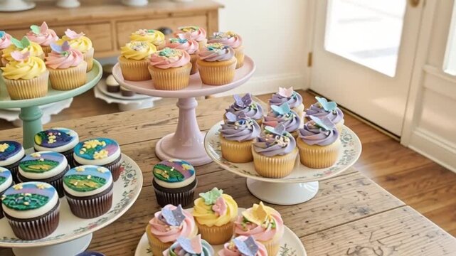 A collection of colorful cupcakes with intricate frosting designs