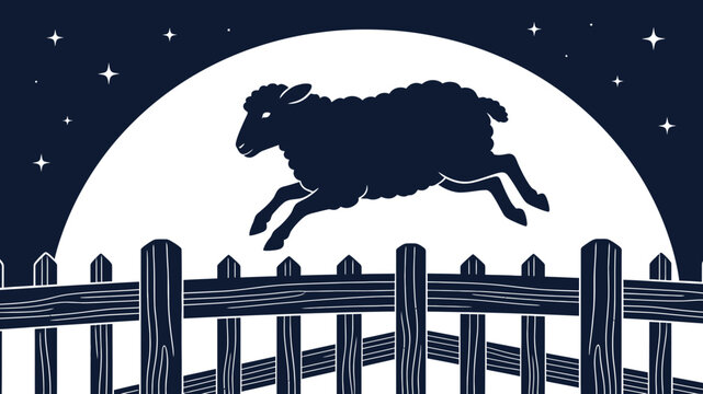 Counting sheep jumping over a fence at night.