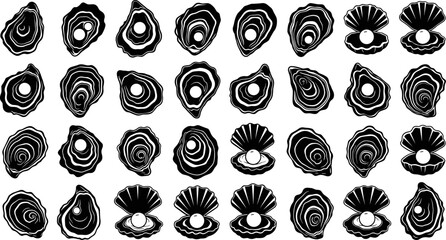 Collection of oyster and clam shell silhouettes with pearls seafood marine objects isolated on white background decorative vector illustration set © Goutom