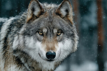 Obraz premium A portrait of a gray wolf in a winter forest. The predator looks directly into the camera, snowflakes visible on its thick fur, emphasizing the cold atmosphere of the wild. 