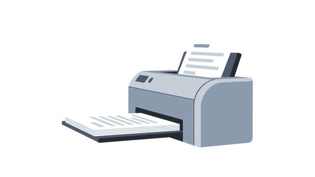 A gray office printer with paper.