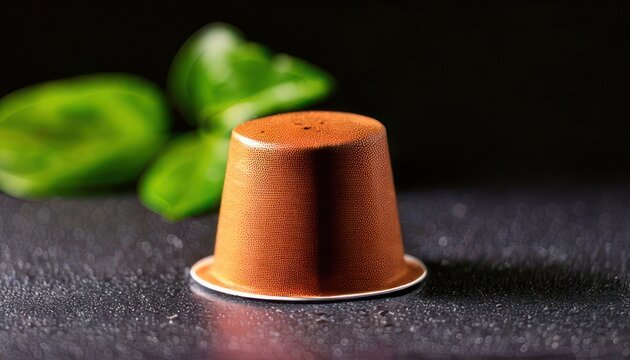Single Coffee Capsule on Dark Surface with Greenery.