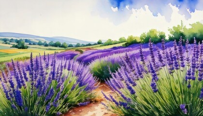 Obraz premium Watercolor Lavender Field Landscape Painting with Rolling Hills and Blue Sky.