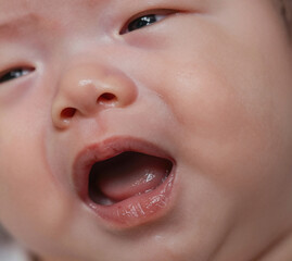 A close-up portrait of a newborn baby crying or screaming with its mouth wide open.